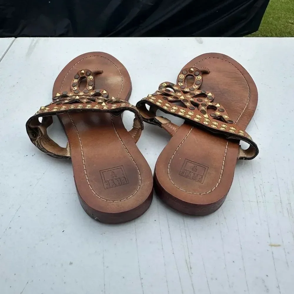 Frye Brown Leather Sandals with Gold Accents